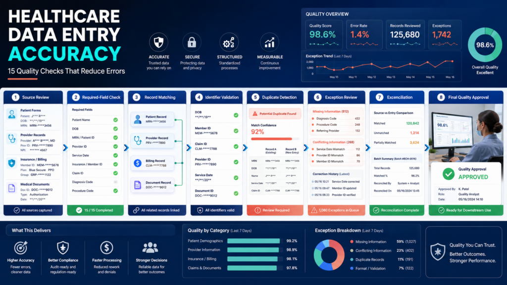 Healthcare data entry accuracy dashboard: a blue infographic with 15 quality checks, process icons, quality overview, and a multi-panel workflow from Source Review to Final Quality Approval.