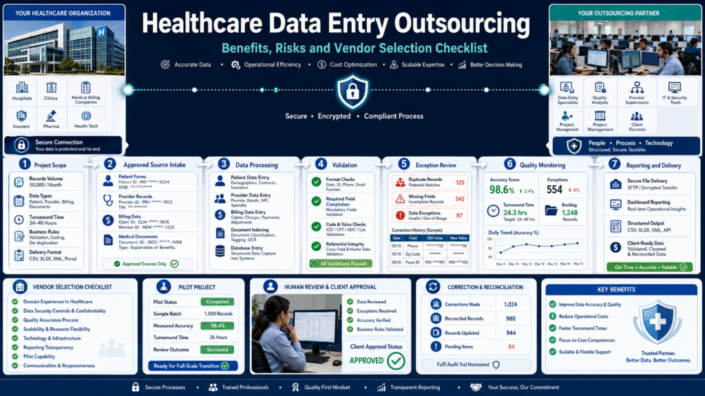 Infographic of end-to-end Healthcare Data Entry Outsourcing process with steps and metrics from scope to delivery.