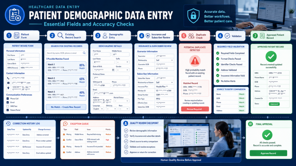 Comprehensive workflow showing seven steps for entering patient demographics from intake form to approved record with validation checks in a healthcare system.