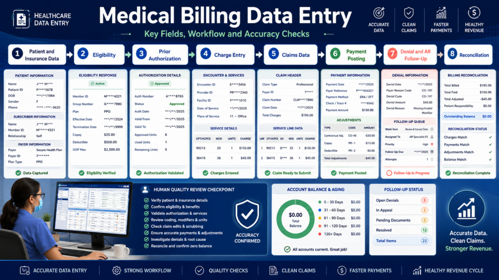 Overview of the Medical Billing Data Entry workflow from patient data to reconciliation, with eight step boxes and status marks.