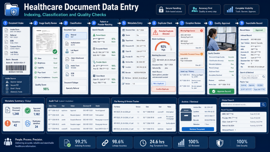 Comprehensive dashboard showing a nine-step healthcare document data-entry workflow from intake to search with status panels and icons on a blue UI.
