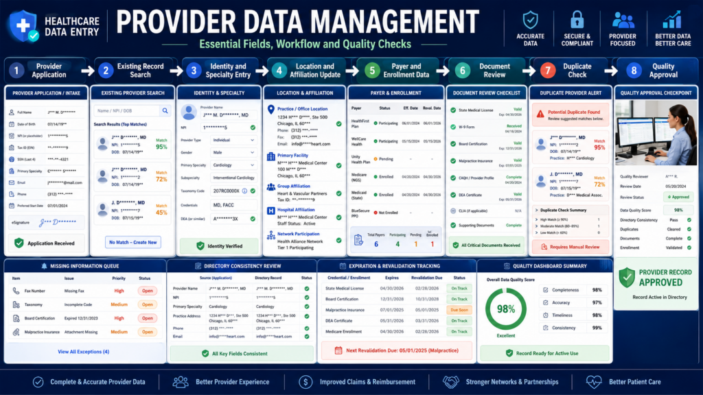 Blue infographic of a healthcare provider data management dashboard showing eight steps (Provider Application to Quality Approval) and multiple status panels.