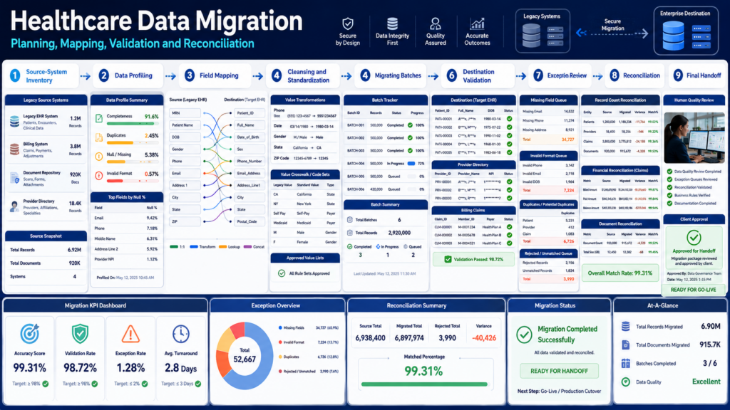 Comprehensive blue dashboard showing a Healthcare Data Migration workflow from Source Inventory to Final Handoff, with step cards (Data Profiling, Field Mapping, Cleansing, Batches, Validation, Reconciliation), KPI dashboards, and data quality charts.