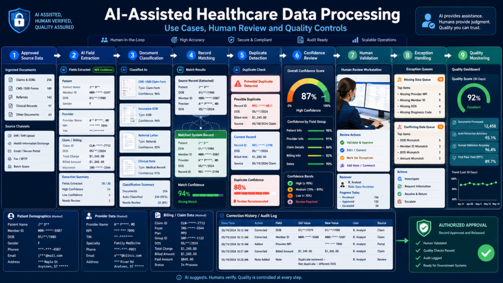 AI-assisted healthcare data processing dashboard with nine stages and panels showing patient, provider, and claim data in a structured workflow.