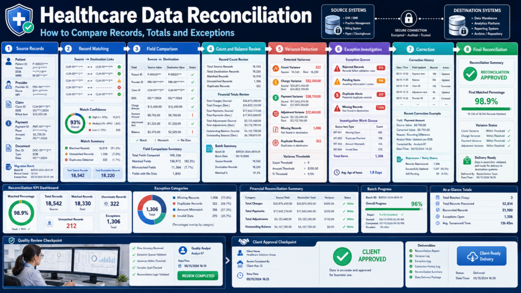 Overview of a healthcare data reconciliation dashboard from Source Records to Final Reconciliation with KPI panels and progress bars.