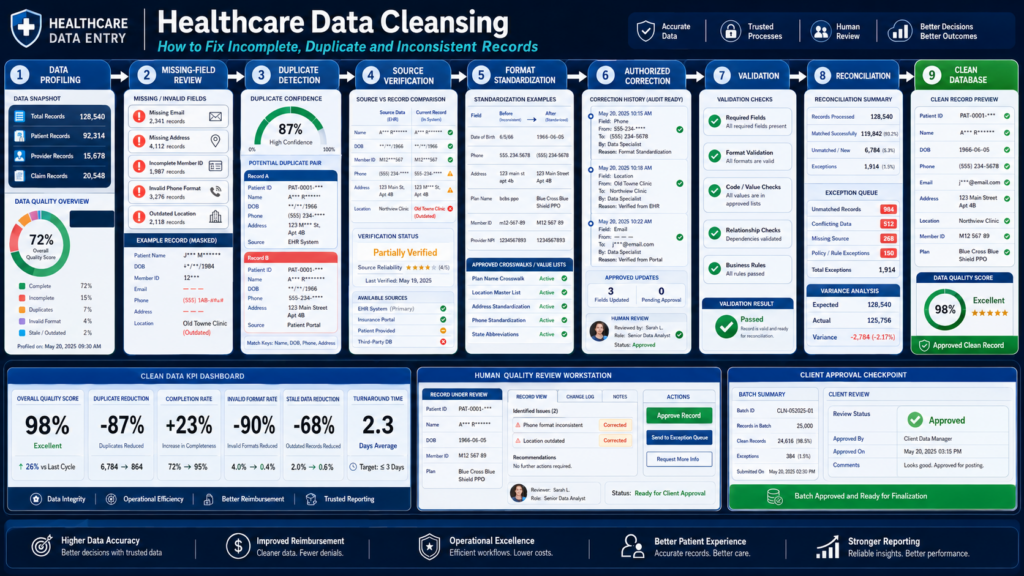 Overview of a healthcare data cleansing dashboard showing steps 1–9 from data profiling to clean database with KPI panels and checks.