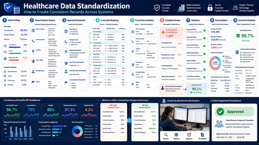 Infographic showing a 9-step workflow to standardize healthcare records across systems with dashboards and KPI panels.