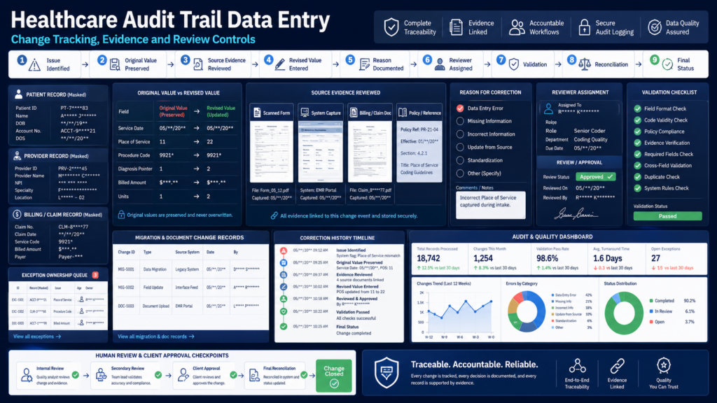 Blue healthcare audit trail dashboard showing end-to-end data-entry workflow, evidence reviews, corrections, and quality metrics.