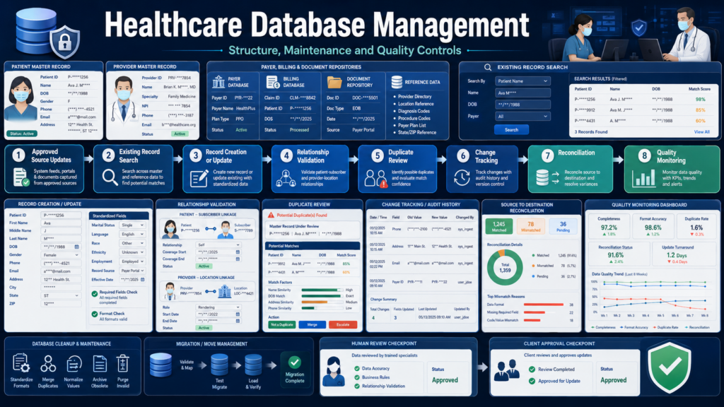 Comprehensive healthcare database management infographic showing eight-step workflow from Approved Source Updates to Quality Monitoring, with multiple panels for patient/provider records, databases, reconciliation and dashboards.