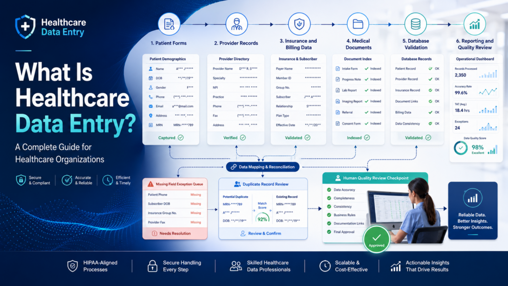 Infographic explaining healthcare data entry workflow from patient forms to reporting, with labeled steps, data panels, and quality checkpoints across a blue gradient background.