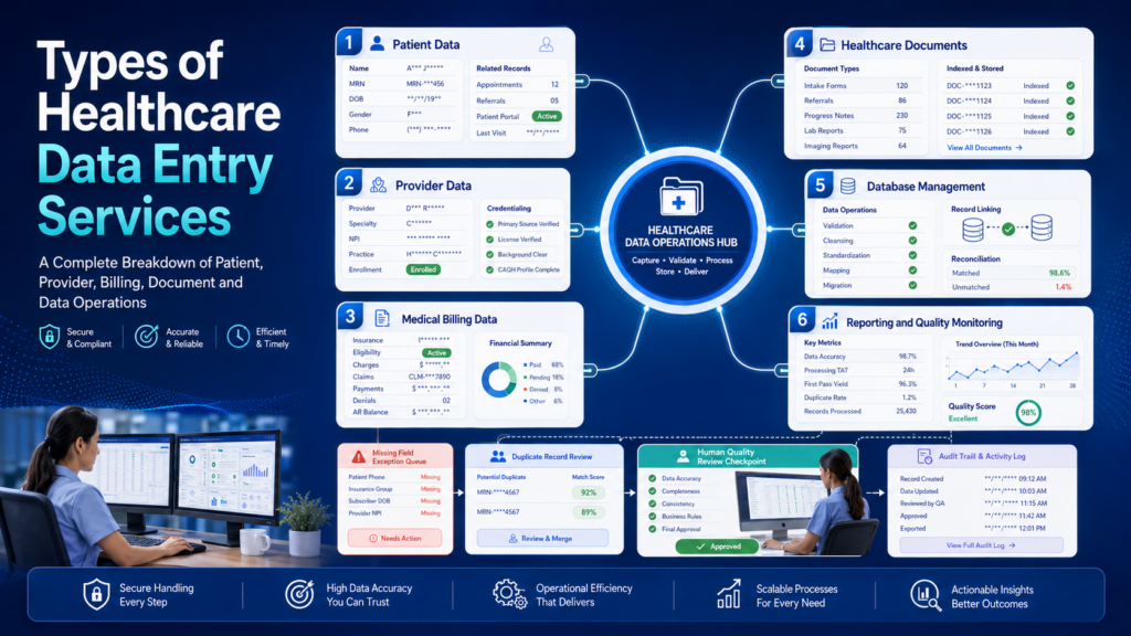 Infographic showing six healthcare data entry service areas connected to a central Healthcare Data Operations Hub on a blue background with a team at desks below the hub title 'Types of Healthcare Data Entry Services'.