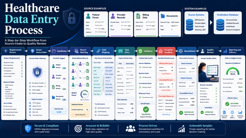 Infographic of Healthcare Data Entry Process: a step-by-step workflow from source intake to quality delivery with icons and cards.